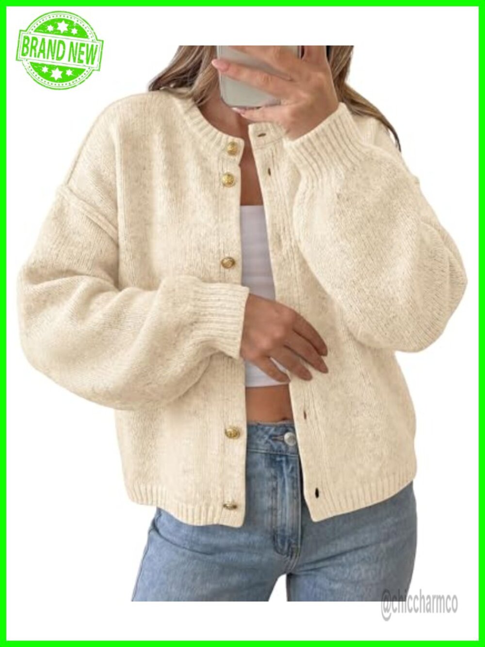 Chunky Knit Button Up Cardigan Crew Neck Lantern Sleeve